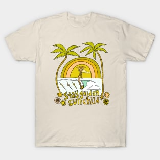 stay golden sun child lady slider retro surf art by surfy birdy T-Shirt